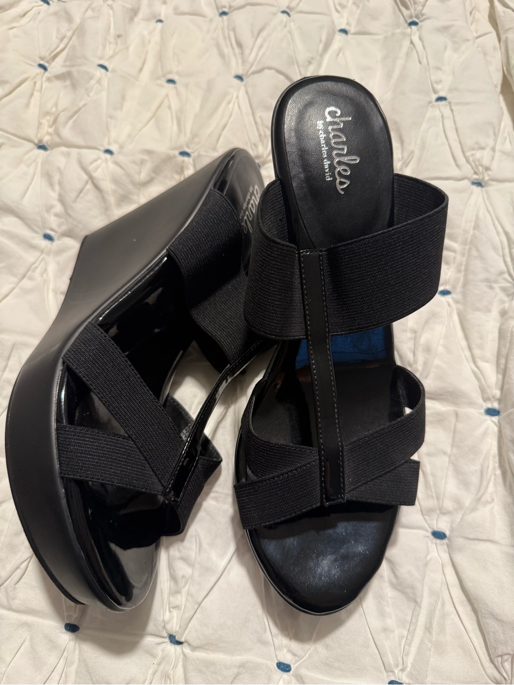 Charles by Charles David Black Elastic Strap and Patent Wedges